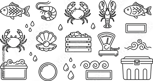 Seafood and Fishing Line Icons Set with Fish, Crab, Lobster, Shell and Market Elements
