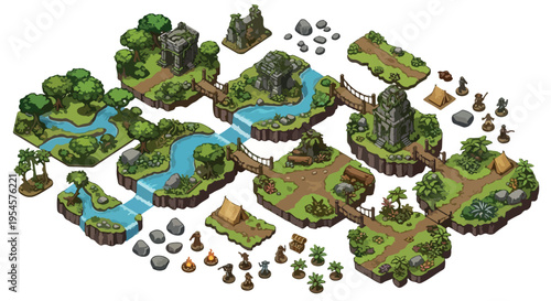 Isometric fantasy game map elements vector set with ancient ruins, rivers, forests, bridges, tents, and paths for adventure games isolated PNG with Transparent Background