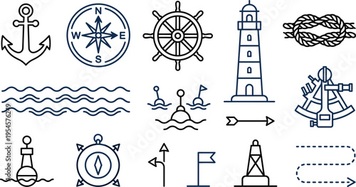 Nautical Navigation Line Icons Set with Anchor, Compass, Helm, Lighthouse and Marine Symbols