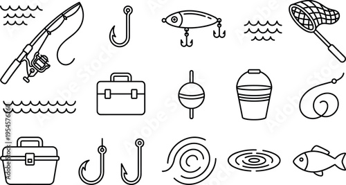 Fishing Equipment Line Icons Set with Rod, Hook, Lure, Net, Float and Tackle Box