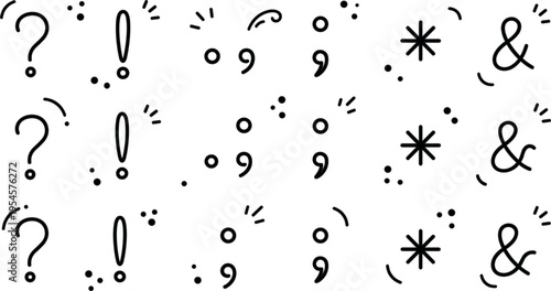 Minimal Hand Drawn Punctuation Symbols Set with Question Marks, Commas, Asterisks and Ampersand Elements
