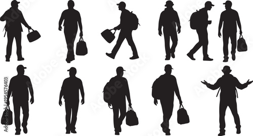 Silhouettes of a man in various walking poses carrying bags