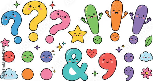 Cute Kawaii Punctuation Characters Set with Question Marks, Symbols, Stars and Colorful Emoji Faces