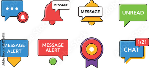 Message Notification and Chat Alert Vector Icon Set Featuring Unread Messages, Bell Alerts, Speech Bubbles, and Communication UI Elements for App Design