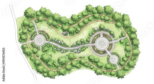 Watercolor landscape design plan, top view park masterplan with green trees and circular plazas, architectural garden site layout vector isolated PNG with Transparent Background