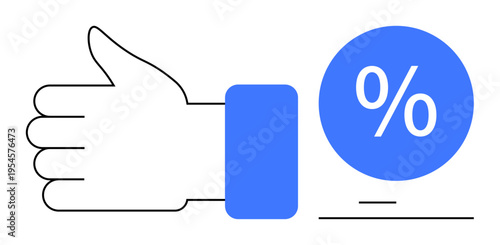 Marketing, sales promotion, approval, interest rates, financial deals, customer satisfaction. Minimalistic thumbs up next to a percentage symbol. Marketing and sales promotion concept