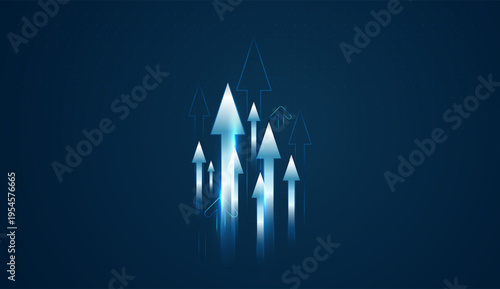 A surge of glowing arrows points up, visualizing a breakthrough in Finance driven by constant innovation. and with multiple arrows that serve as dynamic Charts for Business Growth