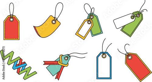 Price Tag and Label Vector Set Featuring Hanging Tags, Sale Labels, Retail Stickers, Discount Tags, and Product Label Illustration Collection for Shopping Design
