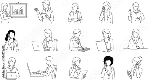 Business woman line art collection, office activities set, female professional working poses, communication and technology concepts, corporate lifestyle vector illustration