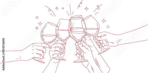 cheers hands holding wine glasses line art, celebration toast illustration, party drink concept, social gathering moment, festive clinking glasses, flat vector illustration