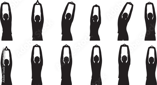 Silhouette of people doing yoga poses in a sequence