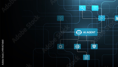 AI Agent Network: Depicting a sophisticated digital network, where an AI Agent node connects to multiple information nodes.