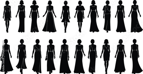 Collection of elegant women silhouettes in long dresses fashion models walking poses evening gowns vector illustration isolated on white background