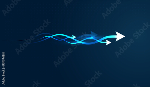 Dynamic arrows weave together to show how innovation creates a steady path up for a modern Business. Used in represents high-speed technology driving Growth