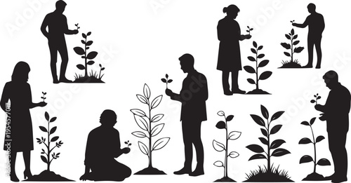People Silhouettes Planting and Nurturing Young Trees Together Outdoors