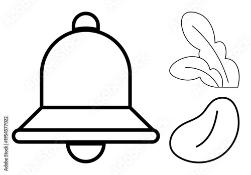 Notifications, organic products, agriculture, nature, culinary art, minimalism. A bell outline with leaves and a bean shape. Notifications and organic products concept design