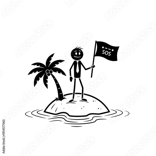 Stick figure man on deserted island waving SOS flag.