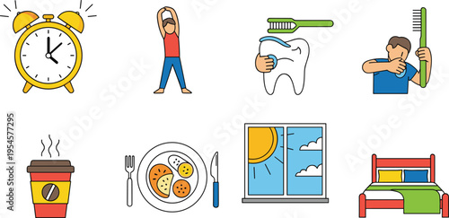 Morning Routine Daily Life Vector Set Featuring Alarm Clock, Stretching Exercise, Tooth Brushing, Breakfast, Coffee, Sunrise Window, and Bedtime Illustration Collection