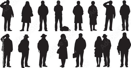Silhouettes of people in various poses and outfits standing