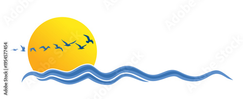 A sun symbol with sea and seagulls.