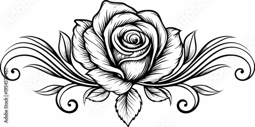 Ornate Rose Blossom with Filigree Swirls - Elegant Floral Tattoo Sketch Decorative Garden Art