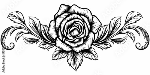 Ornate Rose Blossom with Baroque Leaf Swirls - Elegant Floral Tattoo Sketch Decorative Garden Art