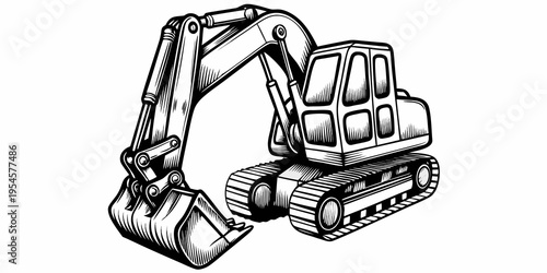 Heavy Duty Excavator Illustration - Construction Digger Machine Engineering Equipment Sketch Art