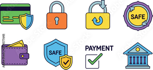 Secure Payment and Financial Security Vector Icon Set Featuring Lock, Shield Protection, Safe Transaction, Wallet, Banking, and Online Payment Safety Illustration