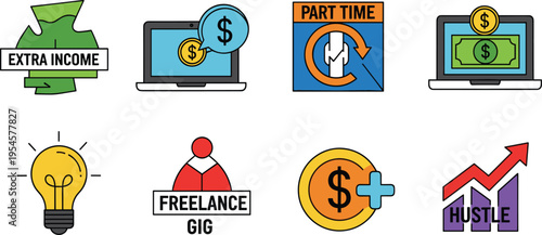 Side Income and Freelance Work Vector Icon Set Featuring Extra Earnings, Part Time Jobs, Hustle Growth, Online Money, and Business Opportunity Illustration