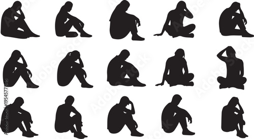 Silhouettes of people in various sad and depressed poses