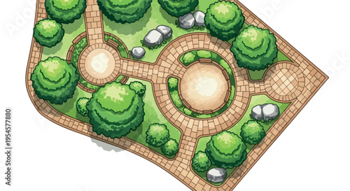 Top-down isometric vector illustration of a detailed park or garden landscape design with green trees, bushes, stone pathways, and circular seating areas