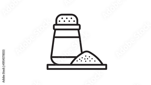 Salt shaker icon with a pile of salt next to it on a white background, representing seasoning and cooking