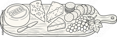 Cheese board with assorted cheese grapes crackers on wooden platter perfect for wine and dine appetizer setup