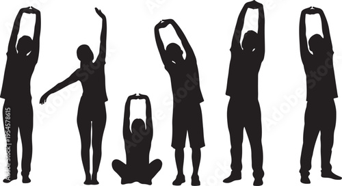 Silhouettes of people stretching and exercising in various poses