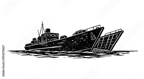 Military Landing Craft Ship Silhouette at Sea