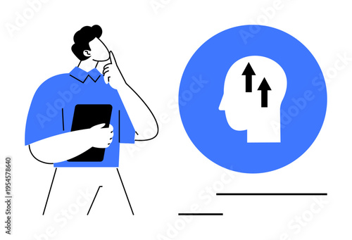 Personal growth concept. Depiction of thoughtful reflection with a human figure and head silhouette with upward arrows. Personal growth learning and progress. For education, self-improvement