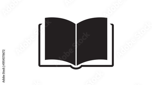 Book icon, an open black book with white pages against a white background, symbolizing knowledge and learning