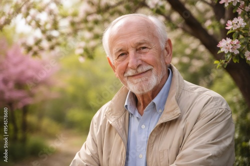 Happy senior man with a white beard smiling directly at the viewer, standing warmly dressed among soft green foliage and delicate pink blossoms in a garden setting