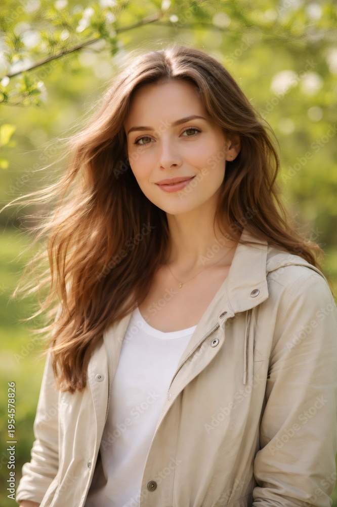 Naklejka premium Young woman with flowing brown hair smiling confidently while standing outdoors in soft natural light, reflecting concepts of beauty, happiness, and wellness