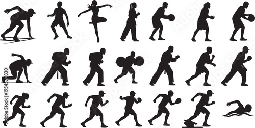 Collection of black silhouettes of people in various poses