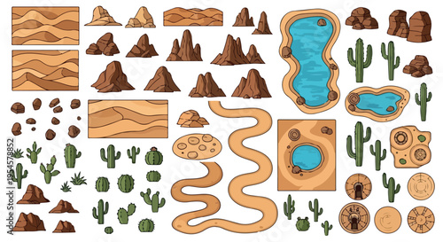 Desert landscape vector game asset set with sand dunes, rocks, cacti, and water oases for creating adventure maps and environments isolated PNG with Transparent Background