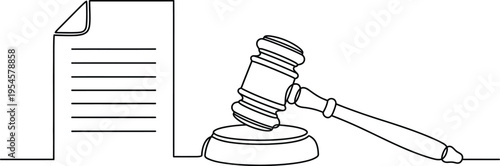 Judge gavel and legal document line art illustration for law concept