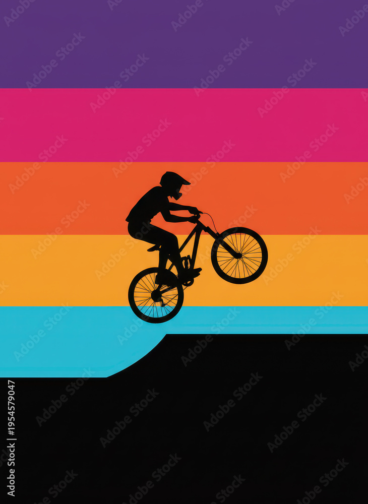 Fototapeta premium Mountain Bike Silhouette Illustration with Retro Sunset Background, BMX Rider Jumping on Striped Vintage Horizon, Extreme Sports Vector Art for Poster, T-Shirt Design and Apparel