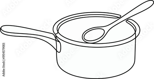 Black line drawing of saucepan with lid and spoon on white background kitchen utensils