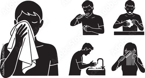 People washing hands and blowing noses with tissues illustration