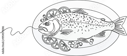 Delicious whole fish on plate with lemons and herbs ready to eat gourmet cuisine concept