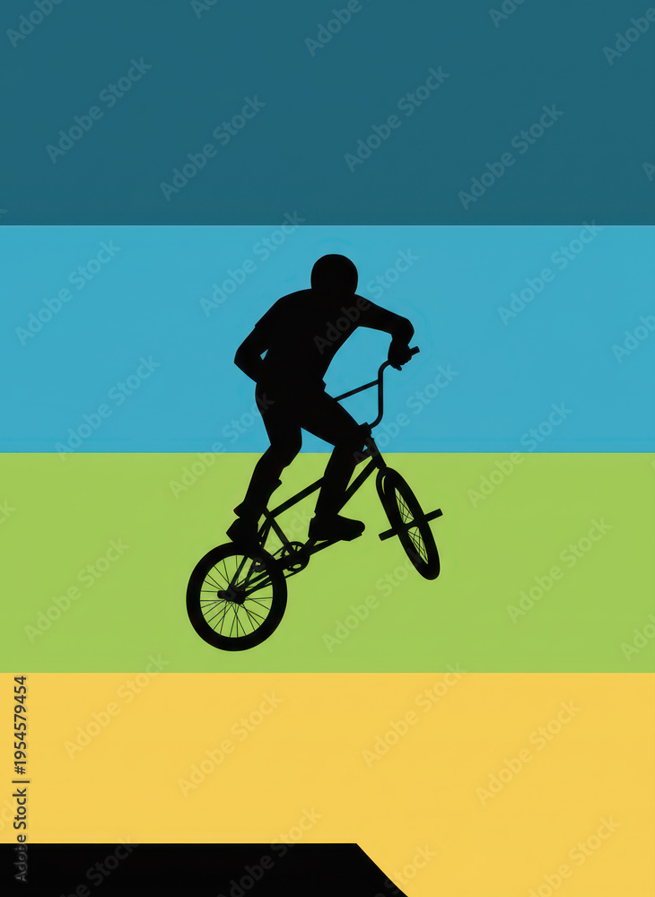 Fototapeta premium Black silhouette of a BMX rider performing a stunt jump on a colorful retro striped background, minimalist extreme sports illustration with blue, green, and yellow horizontal bands