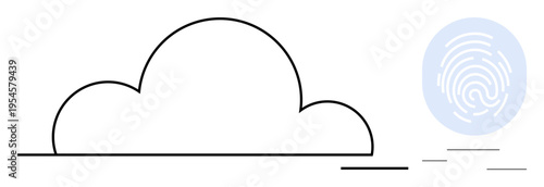 Data security, cloud technology, identity verification, digital authentication, online storage, privacy protection. Minimalist cloud outline and fingerprint graphic. Data security and cloud