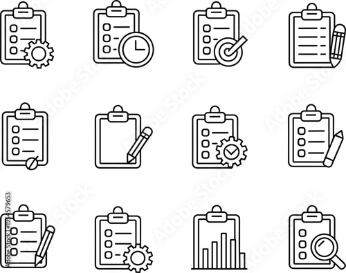 Collection of to-do list and task management line icons depicting checklists, gears, clocks, and pencils
