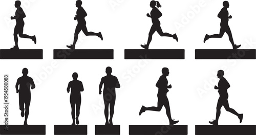 Silhouettes of people running in different dynamic poses sequence